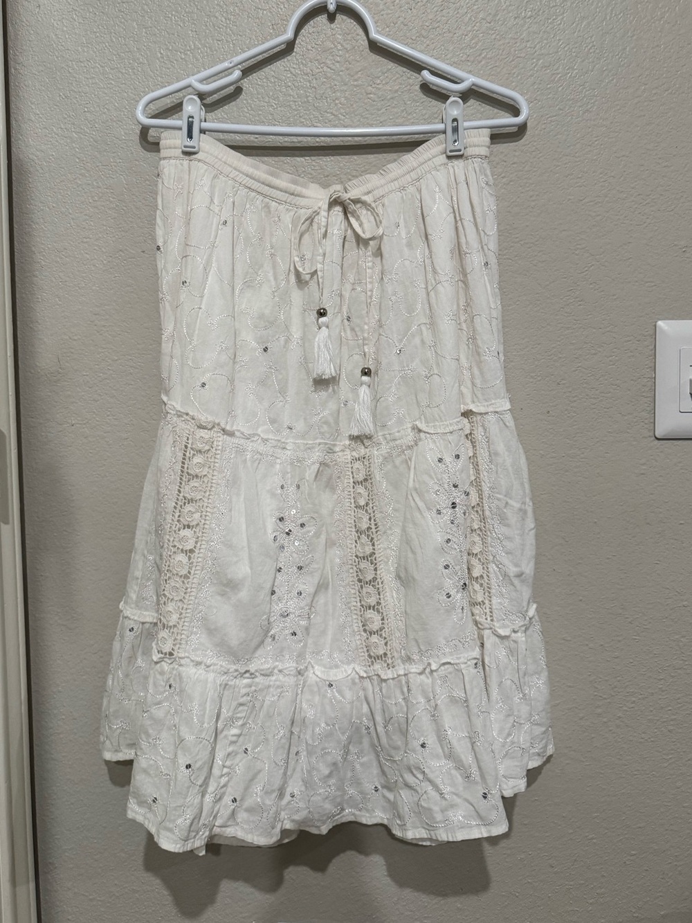 Vintage Bohemian White Eyelet Tiered Skirt with Embroidery